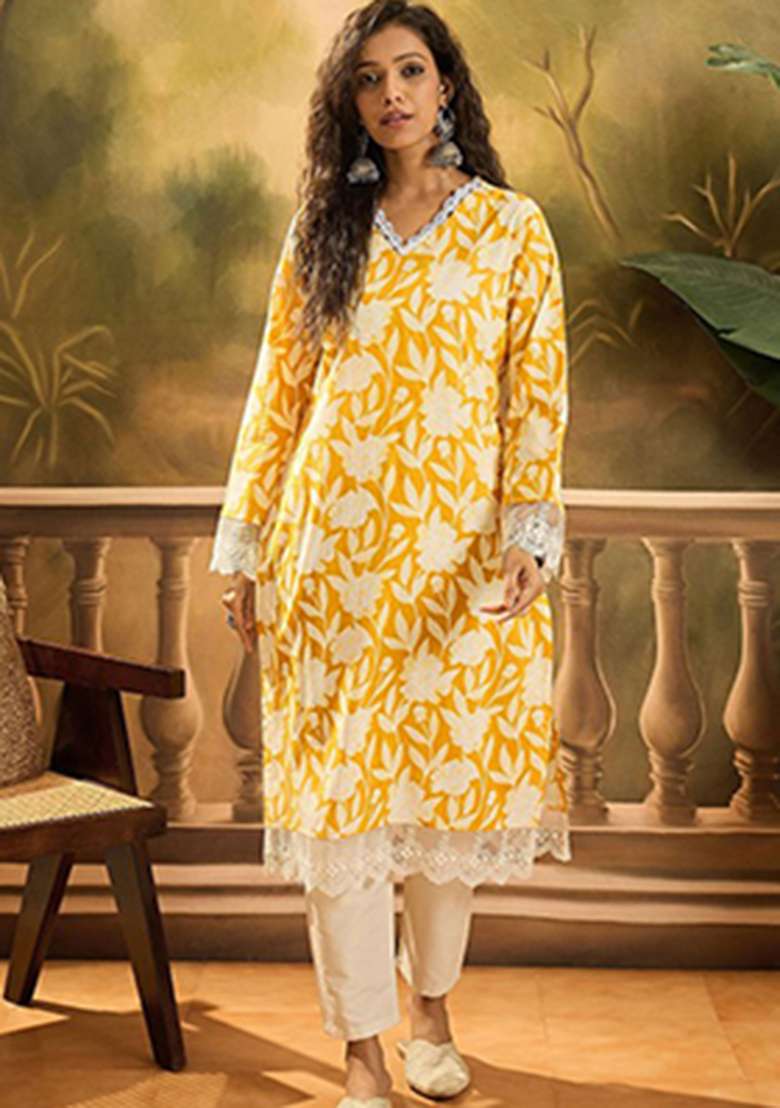 Yellow Floral Print Cotton Kurta - Indya
