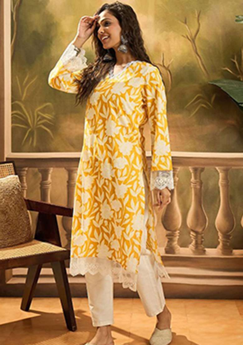 Yellow Floral Print Cotton Kurta - Indya