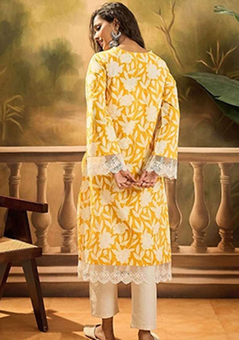 Yellow Floral Print Cotton Kurta - Indya