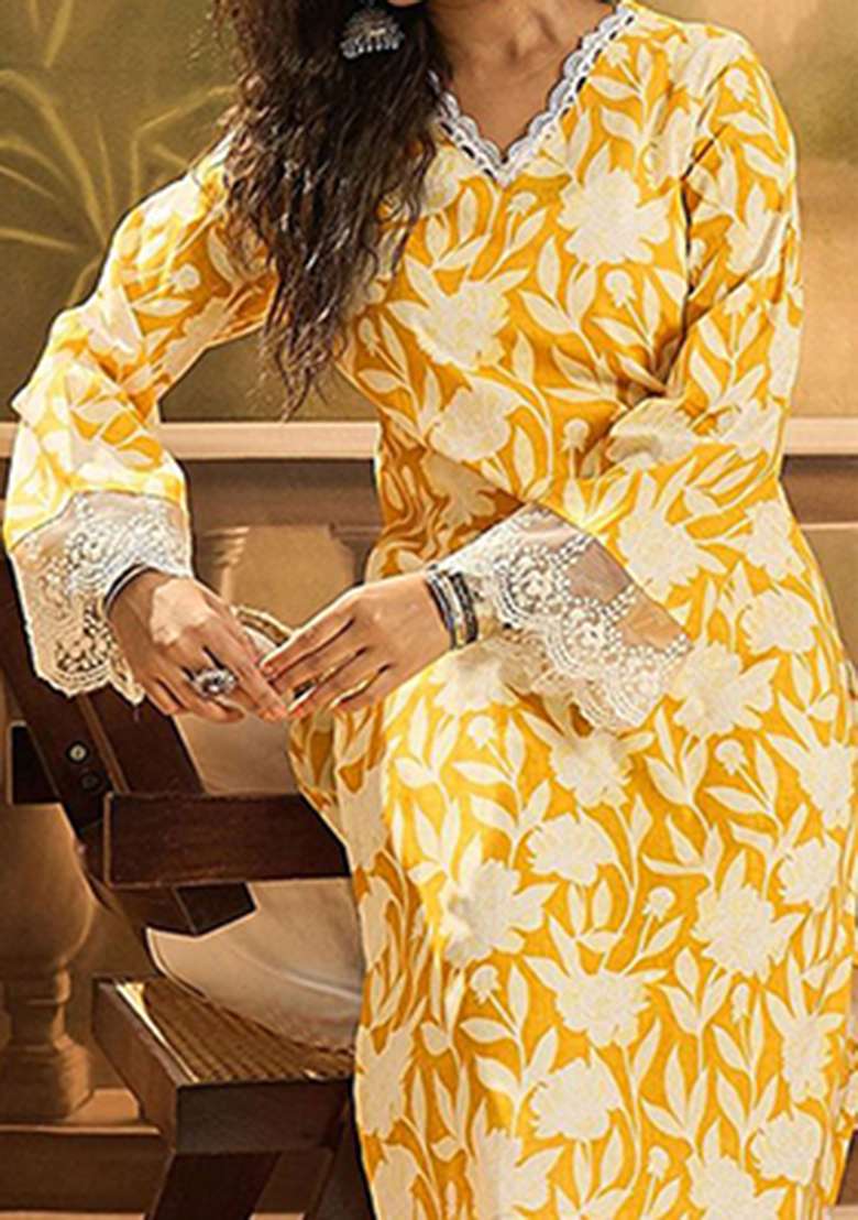 Yellow Floral Print Cotton Kurta - Indya