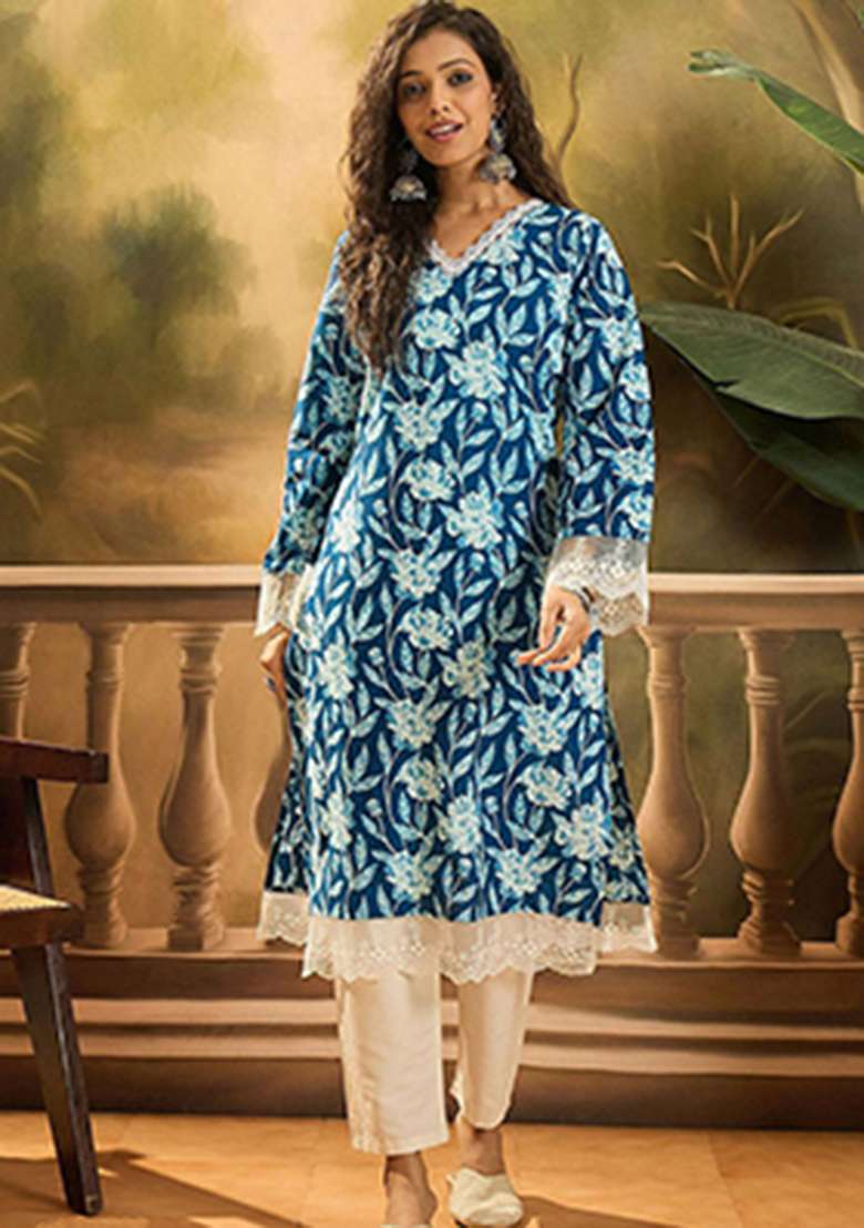 Blue Floral Print Cotton Kurta - Indya