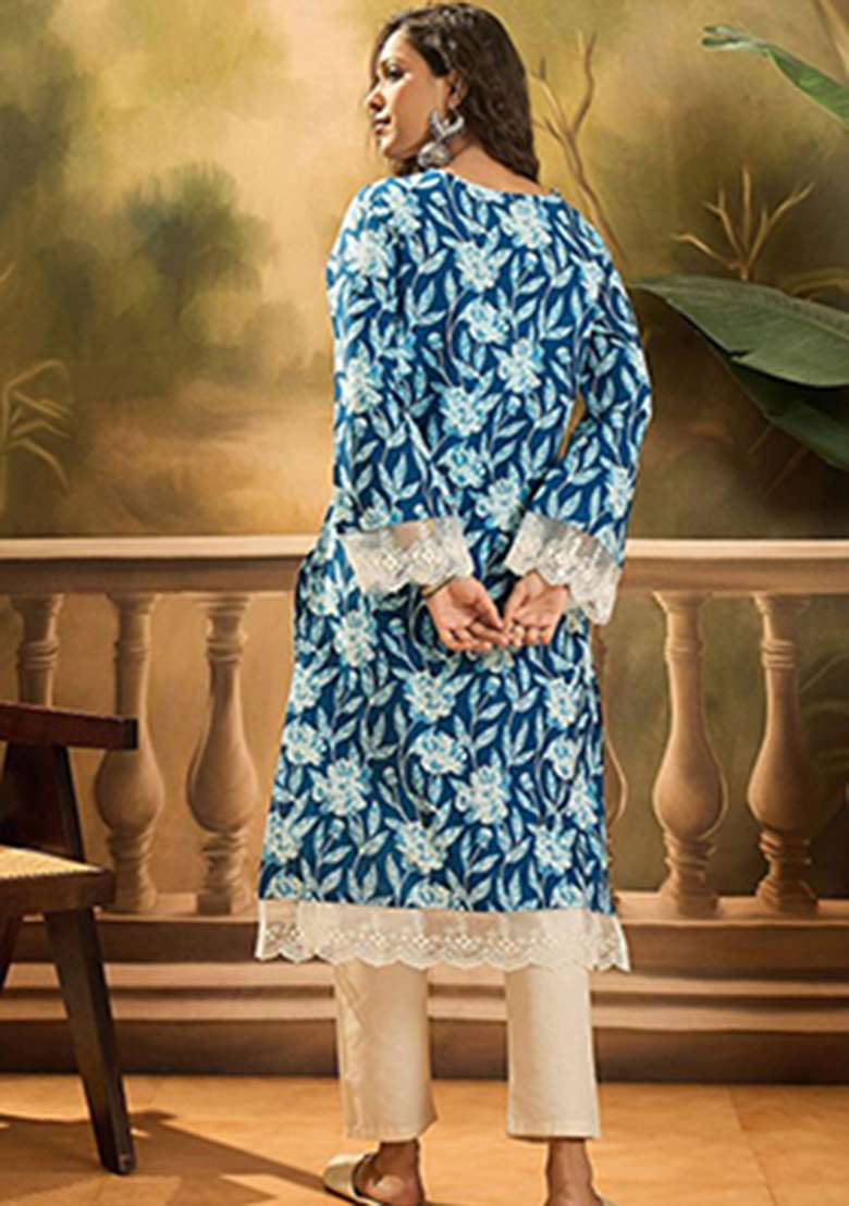 Blue Floral Print Cotton Kurta - Indya