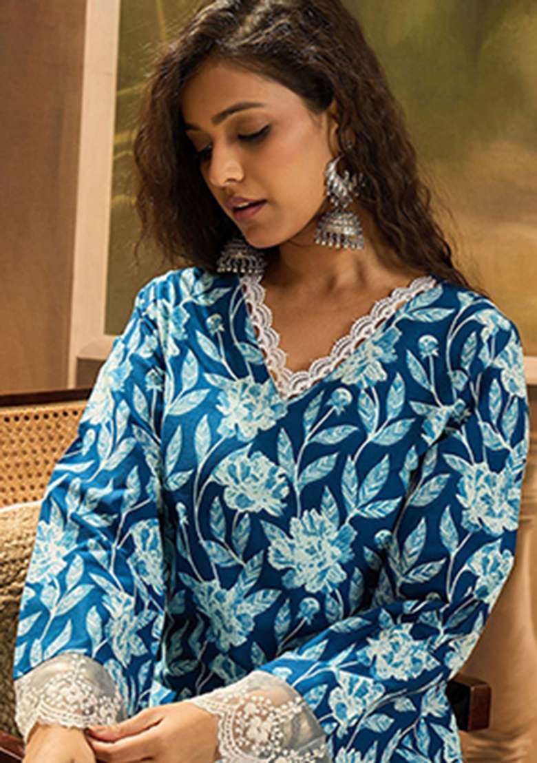 Blue Floral Print Cotton Kurta - Indya