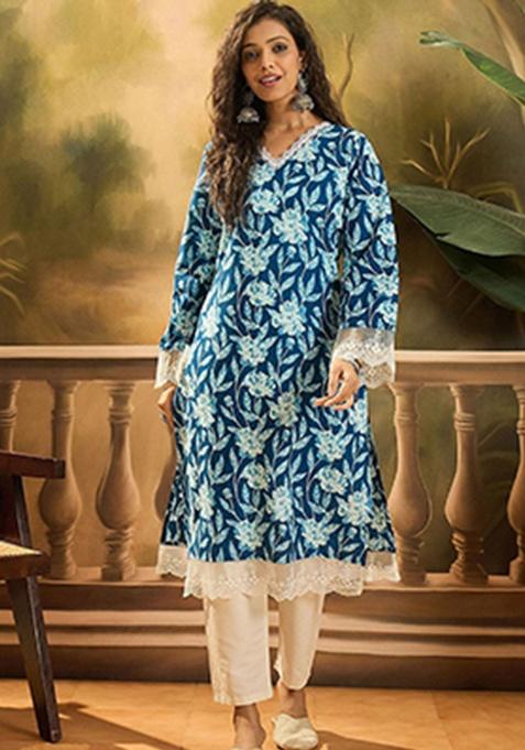 Blue Floral Print Cotton Kurta