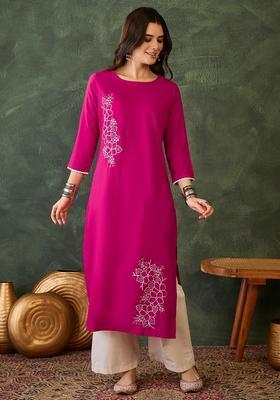 Pink Embroidered Rayon Kurta