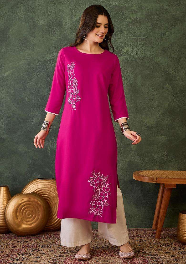 Pink Embroidered Rayon Kurta - Indya