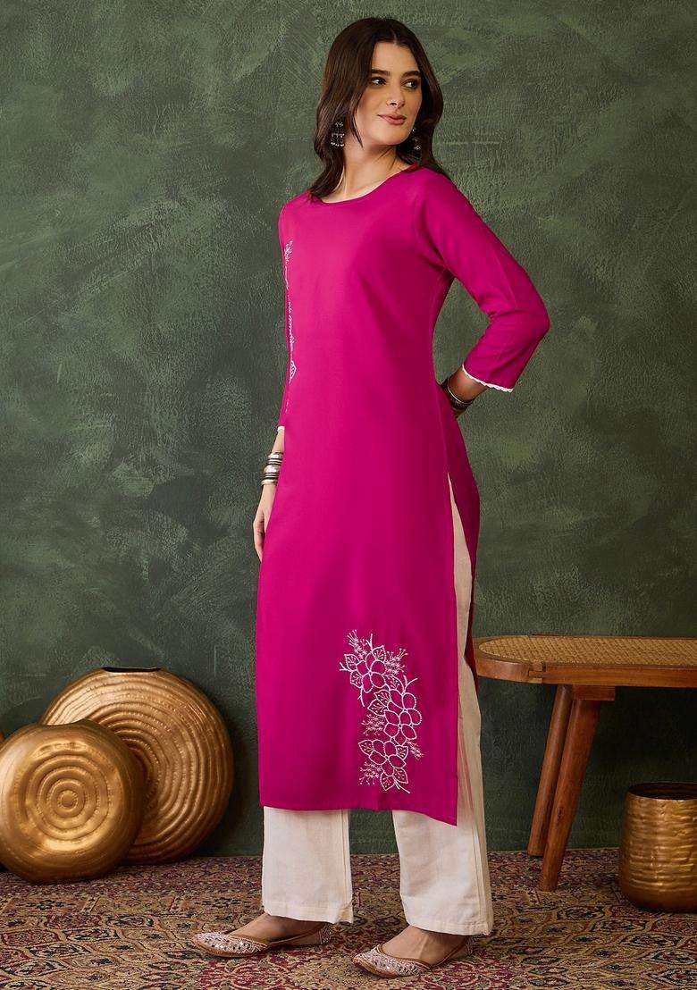 Pink Embroidered Rayon Kurta - Indya