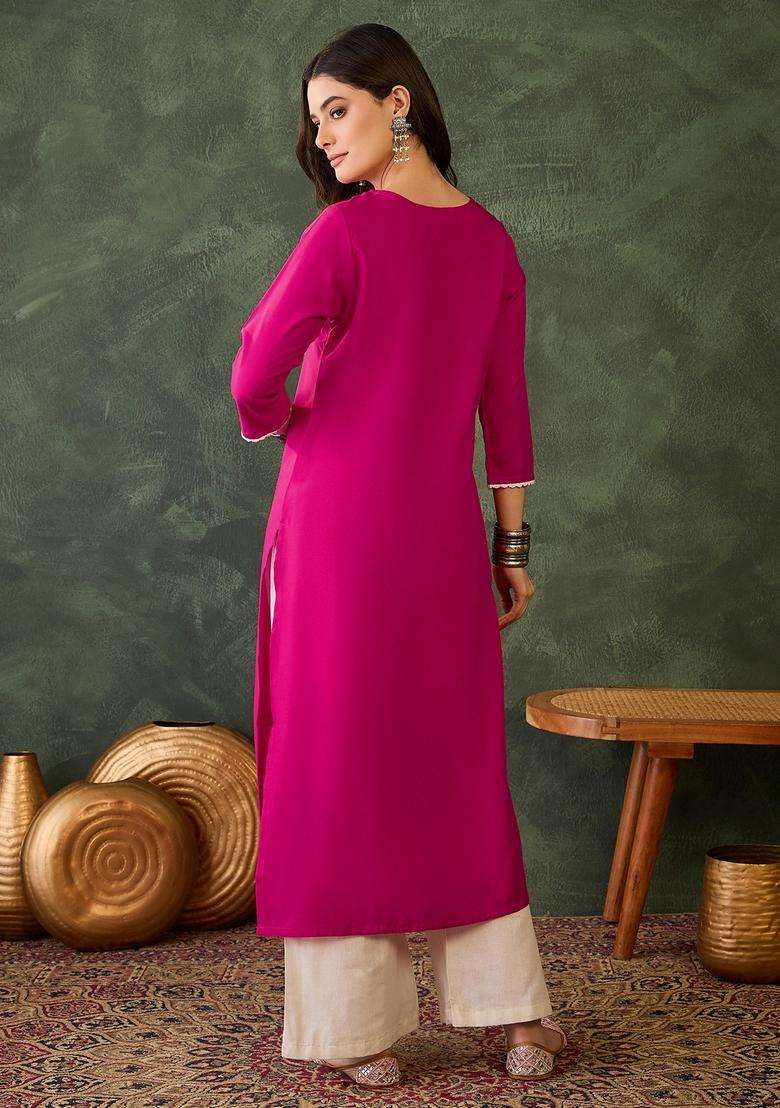 Pink Embroidered Rayon Kurta - Indya
