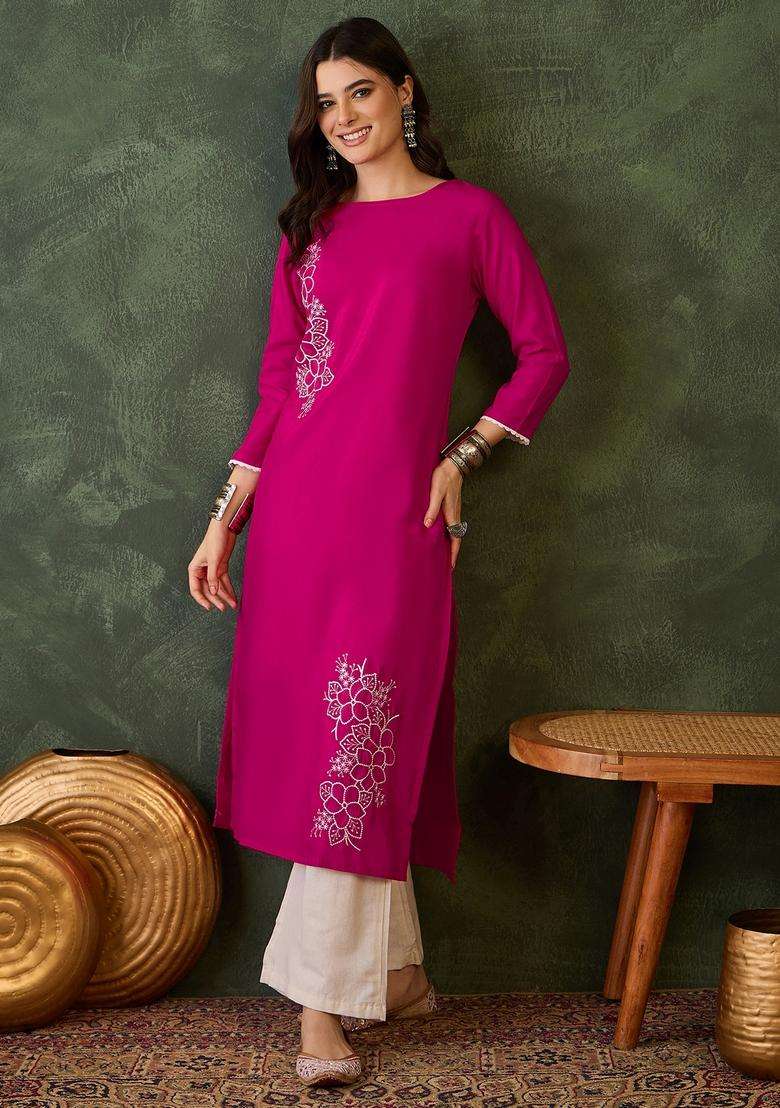 Pink Embroidered Rayon Kurta - Indya
