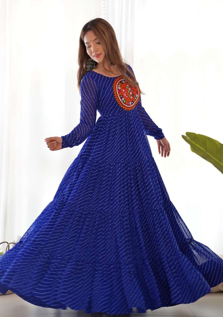 Navy Blue Machine Thread Work Georgette Top - Indya