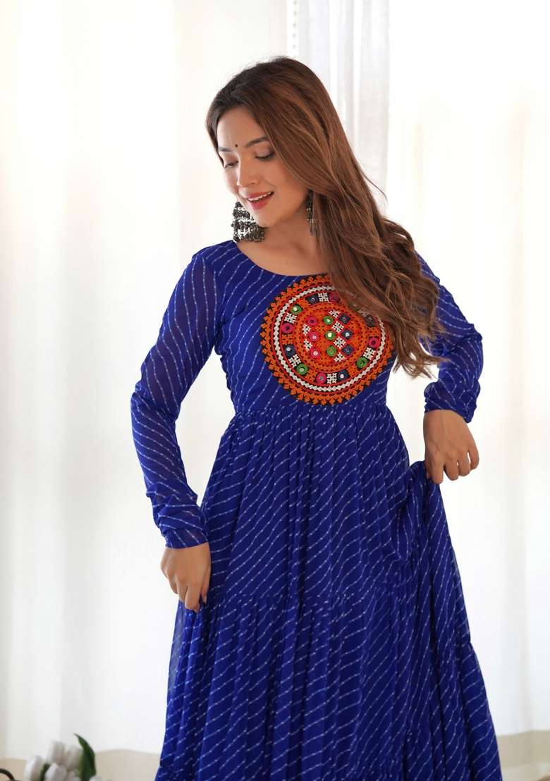 Navy Blue Machine Thread Work Georgette Top - Indya