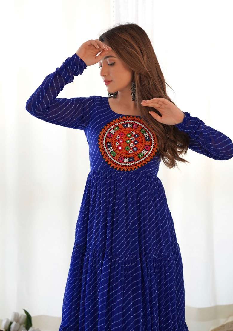 Navy Blue Machine Thread Work Georgette Top - Indya