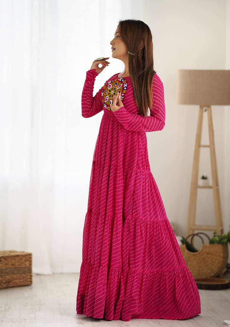 Pink Machine Thread Work Georgette Top - Indya