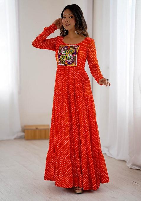 Orange Machine Thread Work Georgette Top