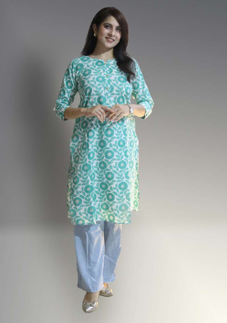White And Sea Green Floral Print Cotton Kurta - Indya