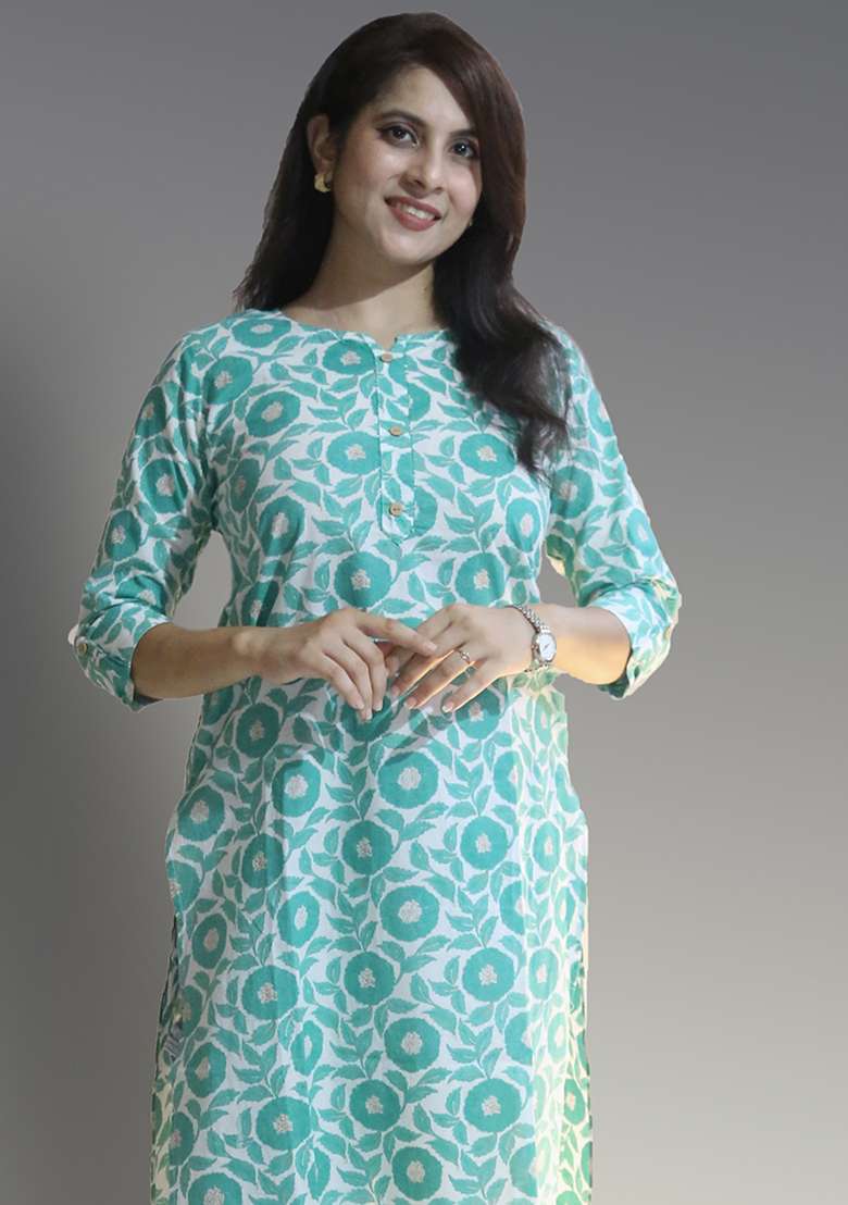 White And Sea Green Floral Print Cotton Kurta - Indya