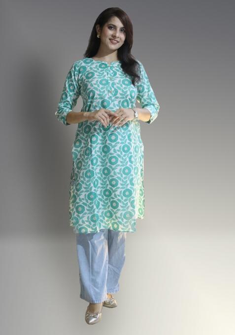 White And Sea Green Floral Print Cotton Kurta