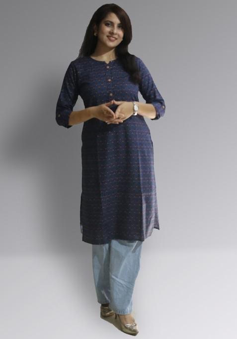 Blue Floral Print Cotton Kurta