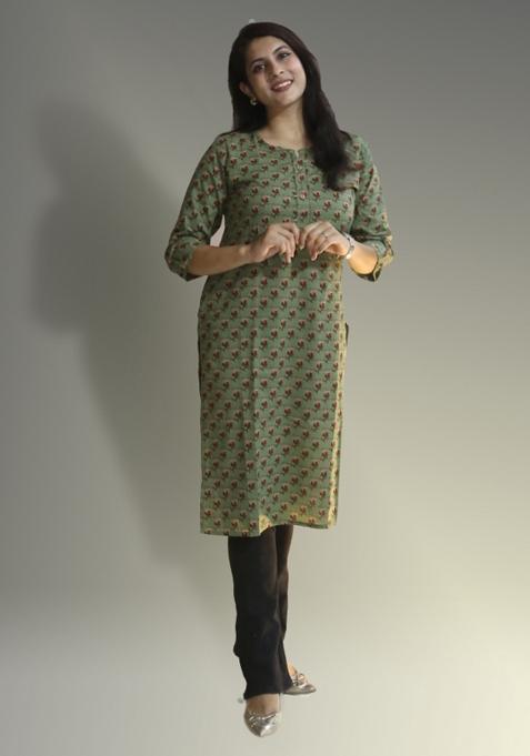 Olive Green Hand Block Cotton Kurta