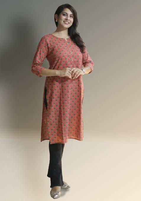 Rust Hand Block Cotton Kurta