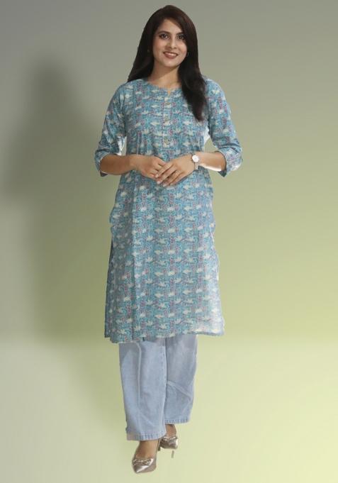 Light Blue Hand Block Cotton Kurta