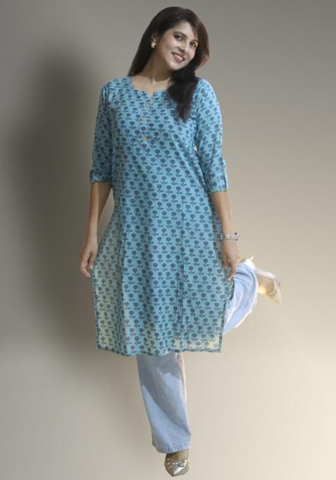 Light Blue Hand Block Cotton Kurta