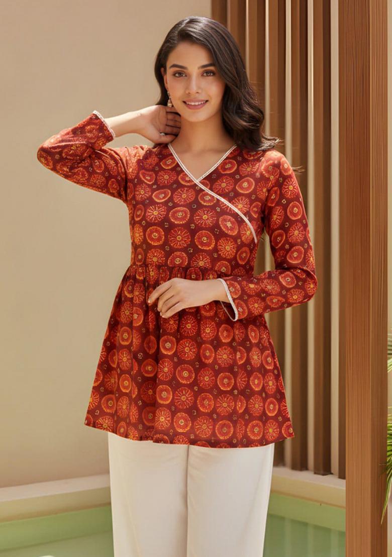 Red Printed Silk Top - Indya