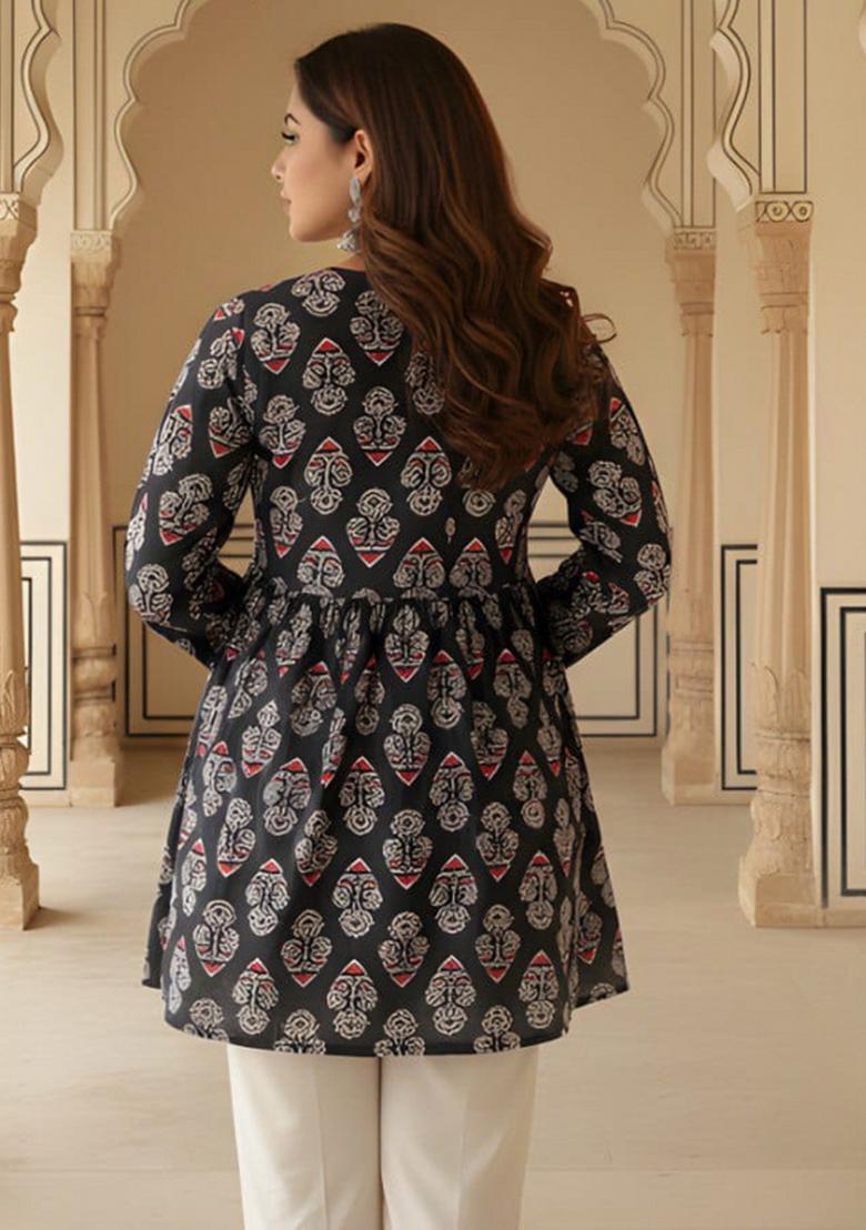 Black Printed Rayon Top - Indya