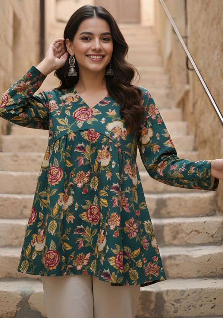 Green Printed Cotton Top - Indya