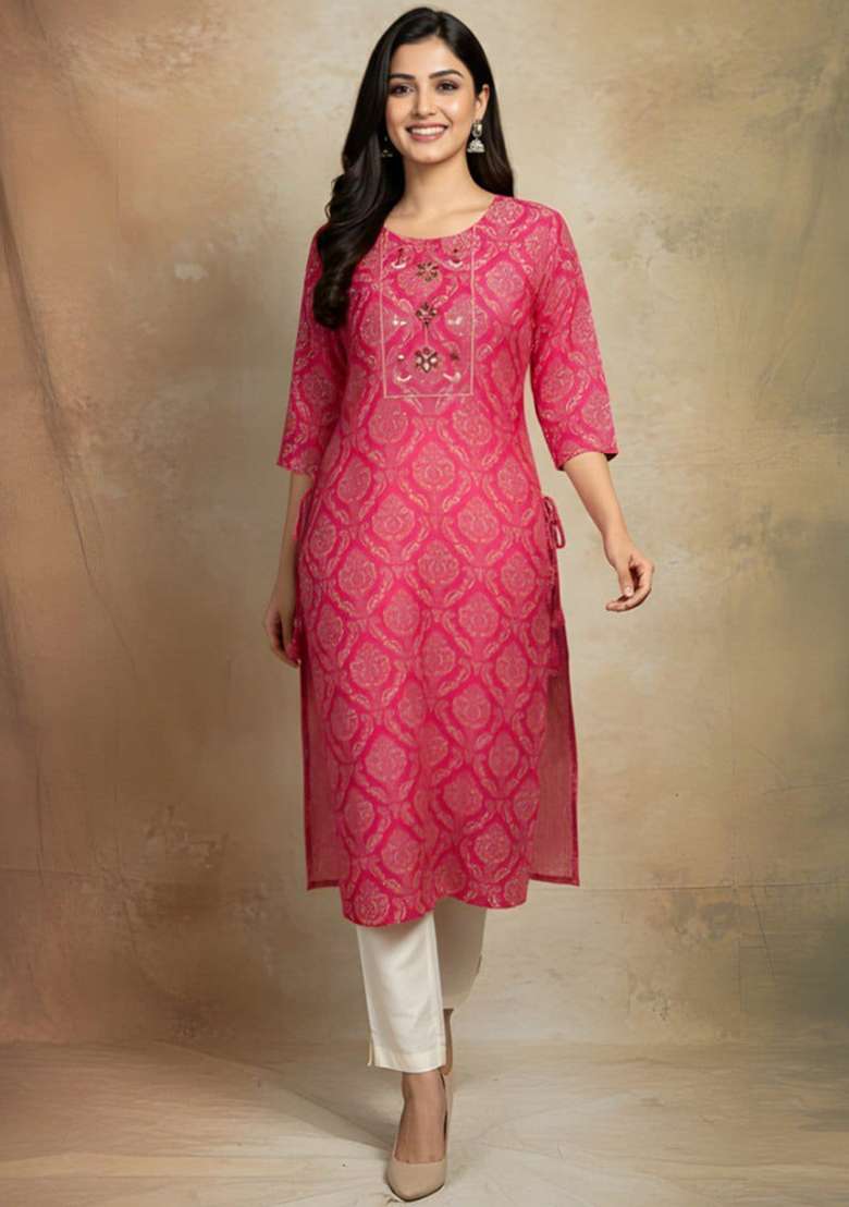 Pink Printed Cotton Kurta - Indya