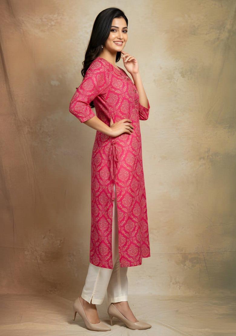 Pink Printed Cotton Kurti - Indya