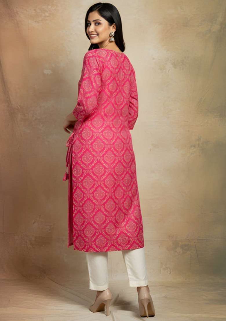 Pink Printed Cotton Kurta - Indya