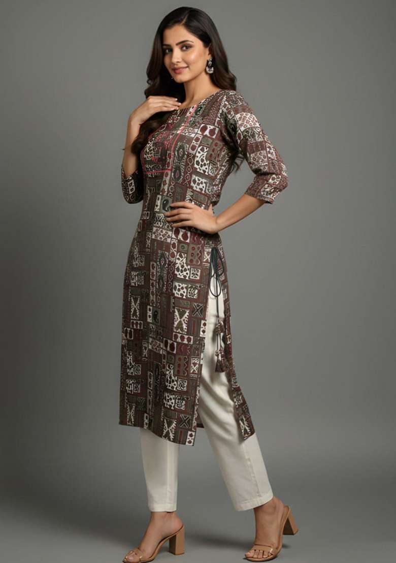 Brown Printed Cotton Straight Kurta Set - Indya