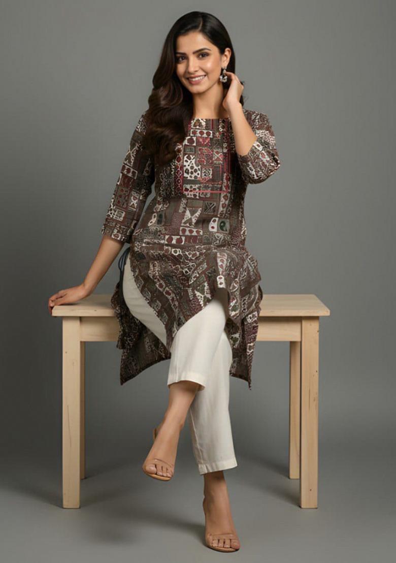 Brown Printed Cotton Kurti - Indya