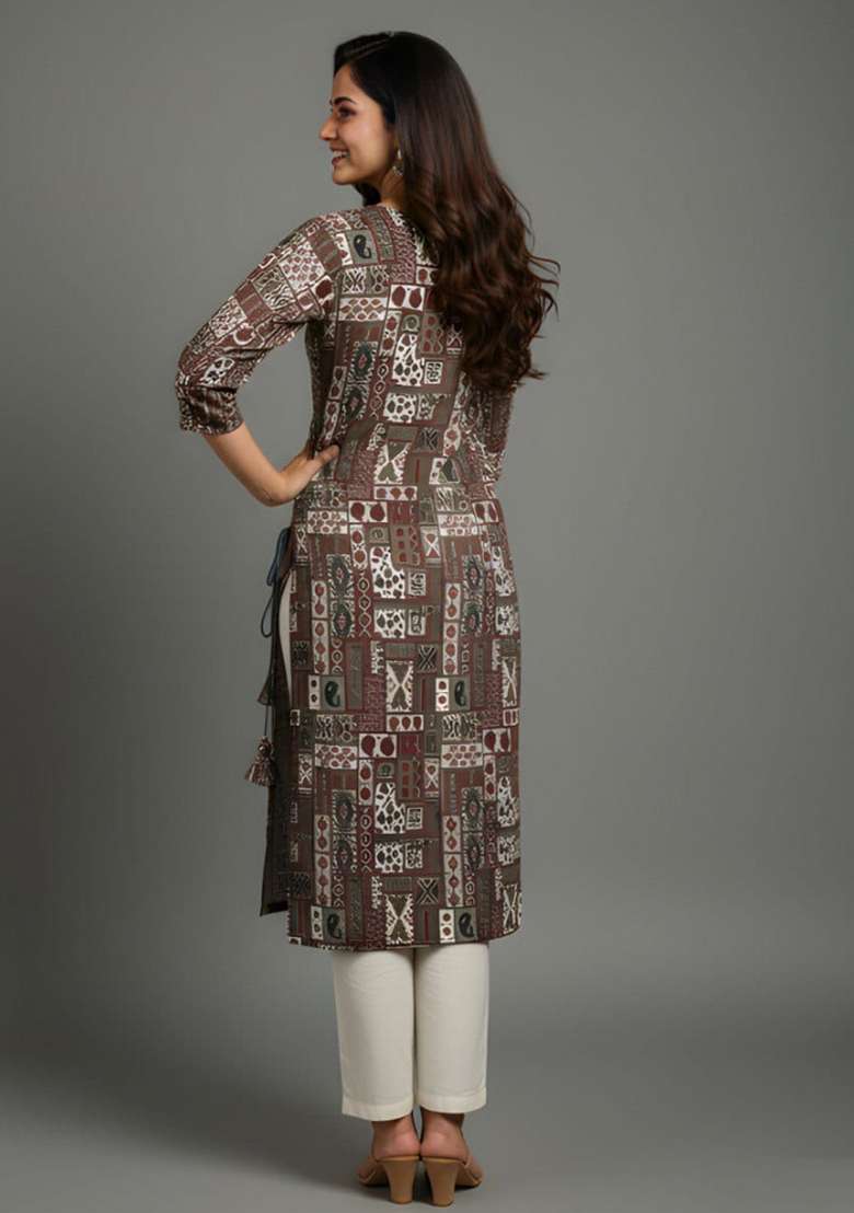 Brown Printed Cotton Straight Kurta Set - Indya