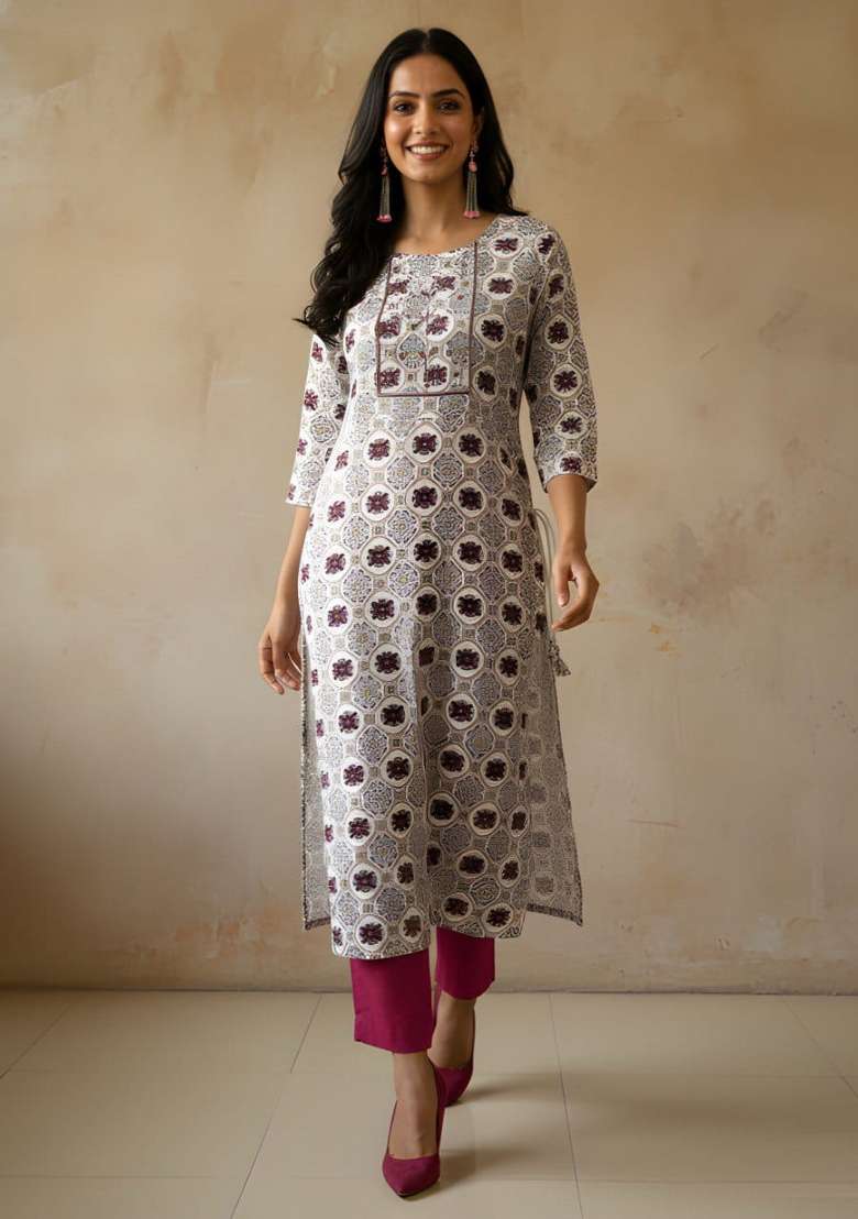 White Printed Cotton Straight Kurta - Indya