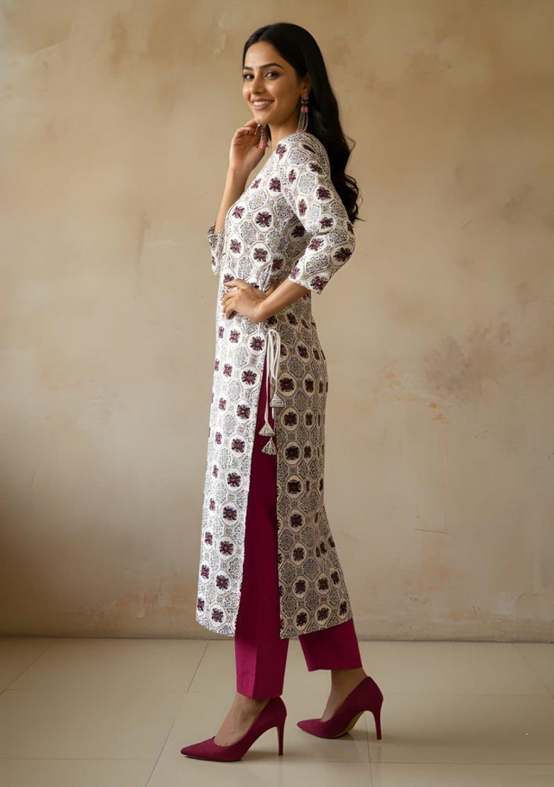 White Printed Cotton Kurti - Indya