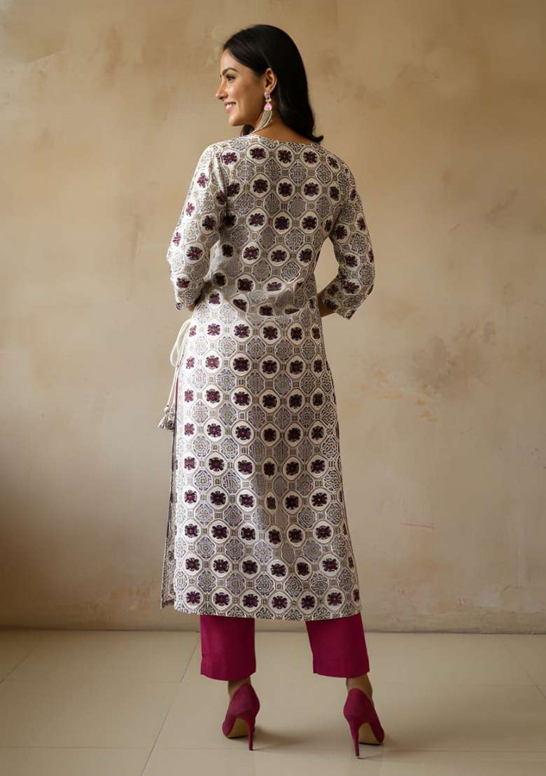 White Printed Cotton Straight Kurta - Indya