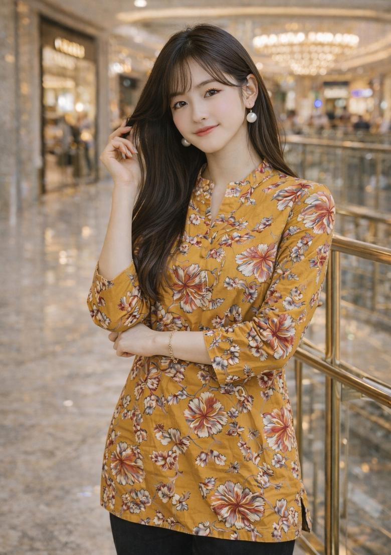 Mustard Foil Print Rayon Kurta - Indya