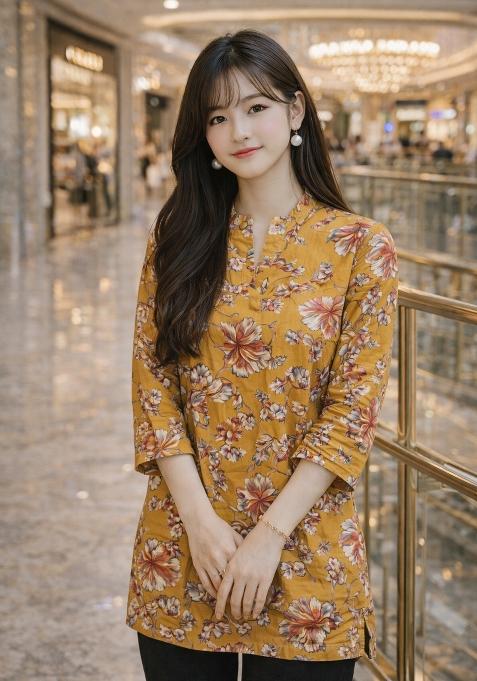 Mustard Foil Print Rayon Kurta