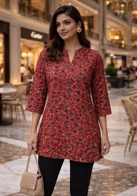 Red Foil Print Rayon Kurta