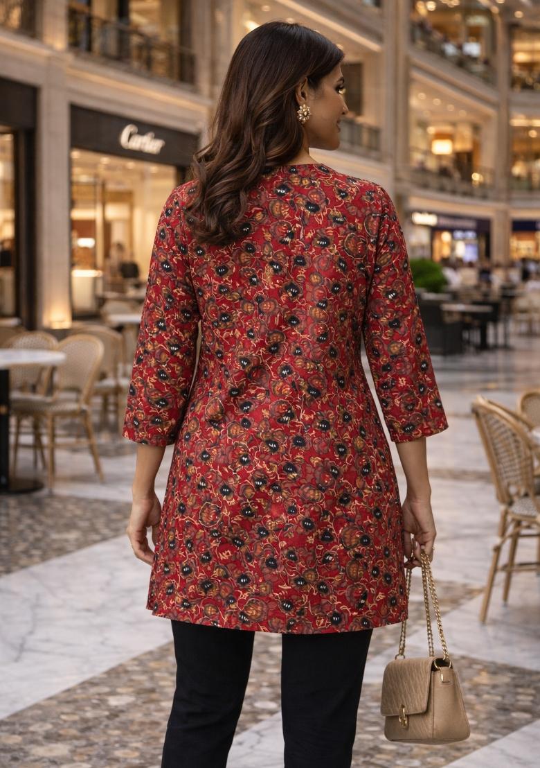 Red Foil Print Rayon Kurta - Indya