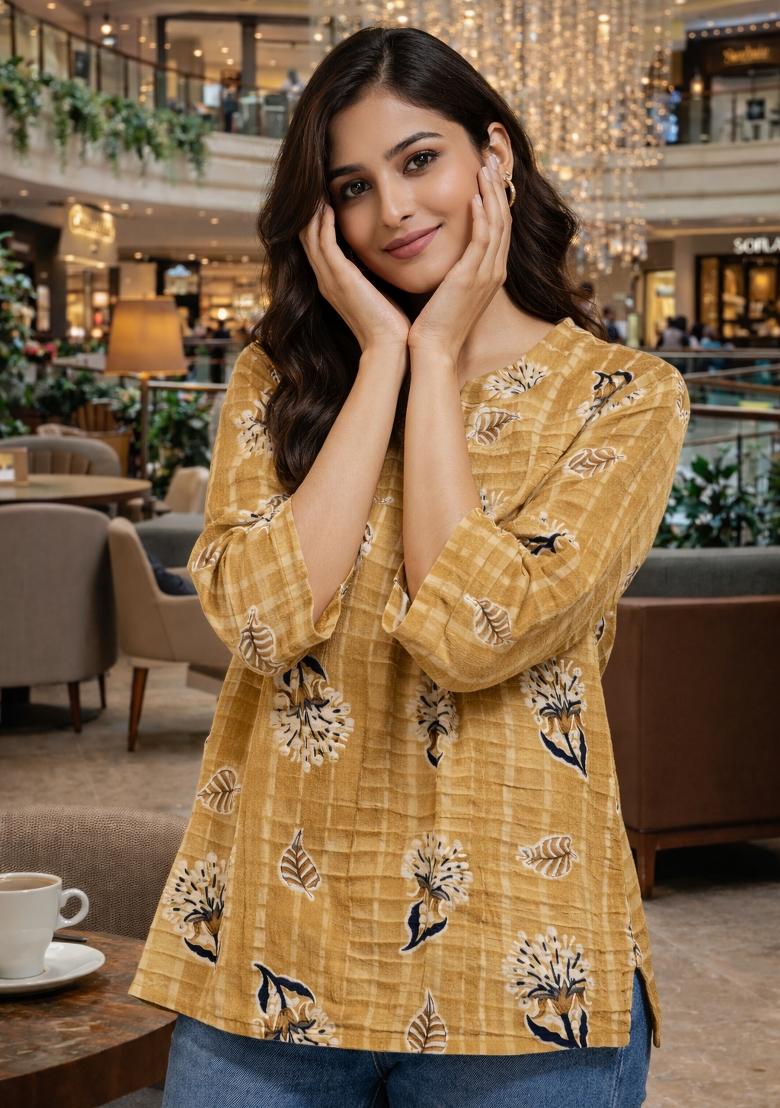 Yellow Foil Print Rayon Kurta - Indya