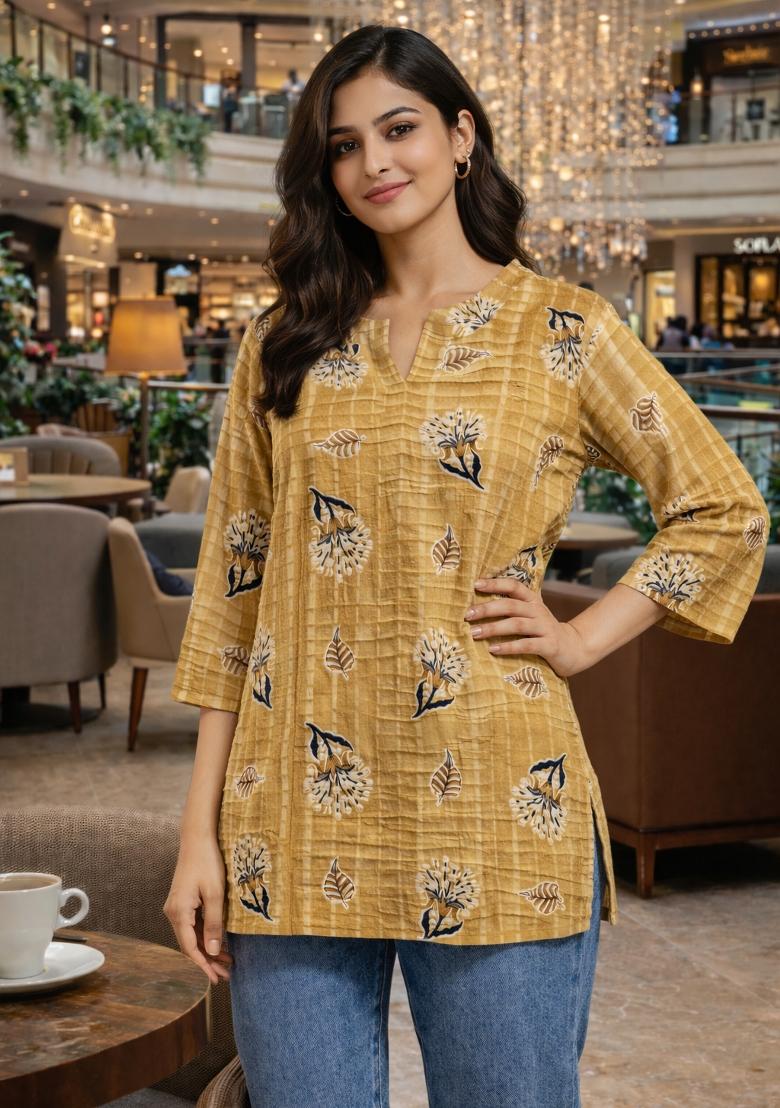 Yellow Foil Print Rayon Kurta - Indya