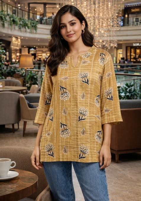 Yellow Foil Print Rayon Kurta