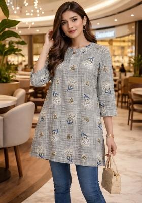 Grey Foil Print Rayon Kurta