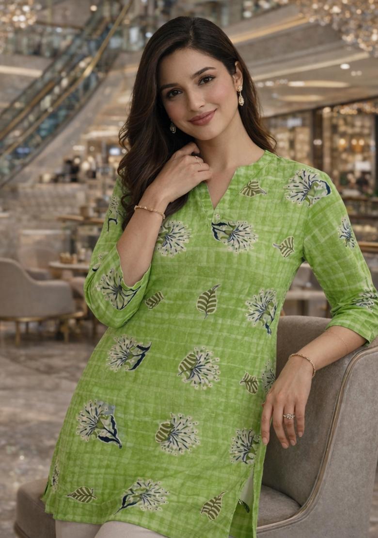 Green Foil Print Rayon Kurta - Indya