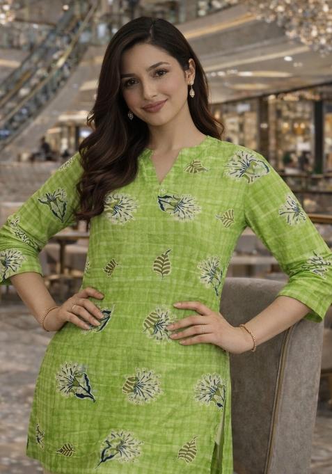 Green Foil Print Rayon Kurta