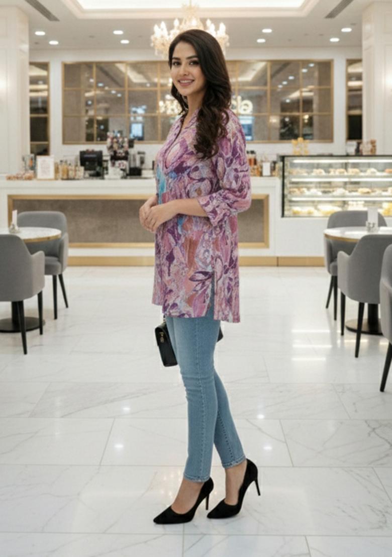 Pink Foil Print Rayon Kurta - Indya