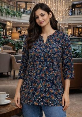 Navy Blue Foil Print Rayon Kurta